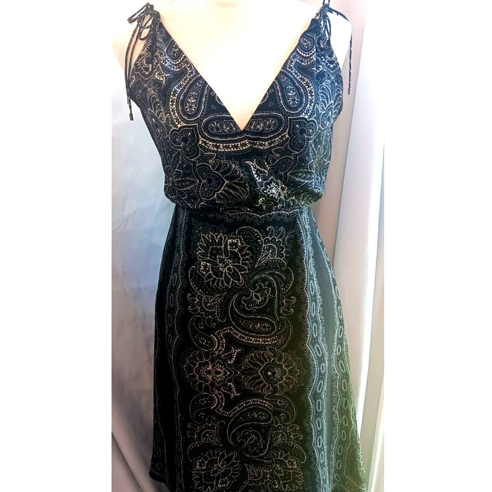 Haute Hippie (S) 100% silk, spaghetti strap, tie/closure asymmetrical midi